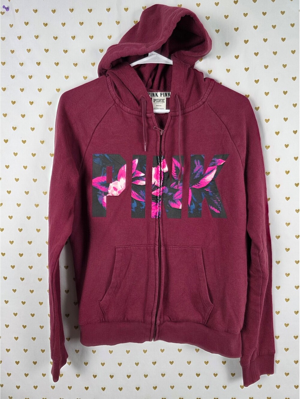 Victorias Secret Pink Floral Logo Full Zip Hoodie Jacket Medium